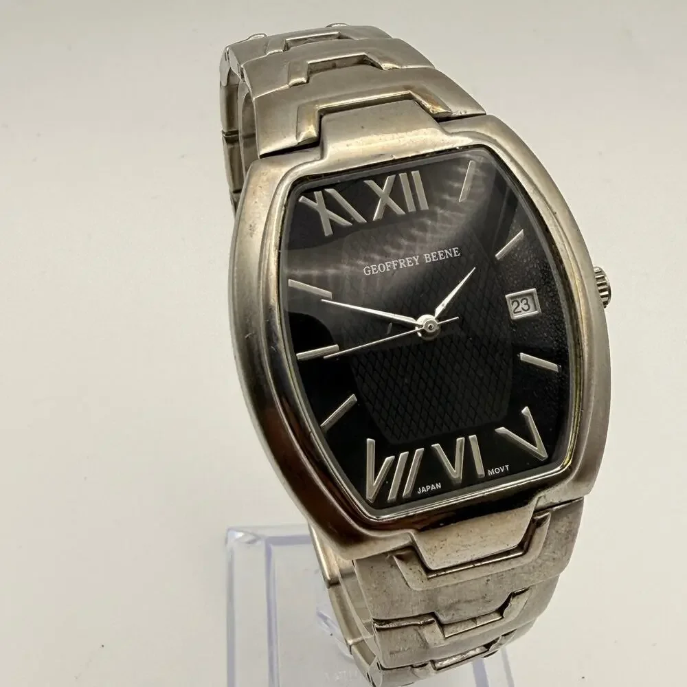 Geoffrey Beene Silver-Tone Quartz Watch - Black Dial Working New Battery